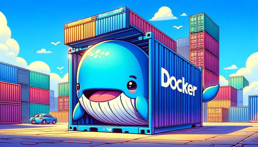 Cartoon whale in a shipping container labeled ‘Docker’