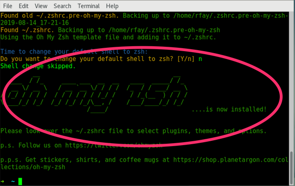 Screenshot of a terminal window, with emphasis on “oh my zsh is now installed!”